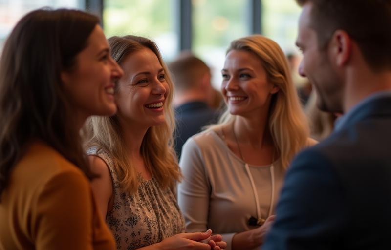 Group of professionals networking and interacting positively at an event.